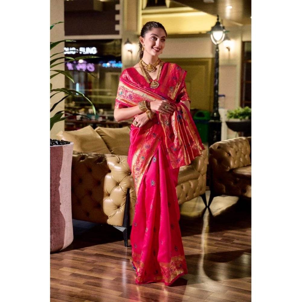 Generic Women's Silk Blend Zari Woven Saree With Unstitched Blouse 5.5Mtr (Pink) - MYLUXURY LANE ENTERPRISE